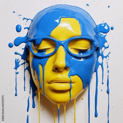 Creating concept made of human face painted in vibrant yellow and blue color. photo