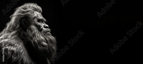 Black and white photorealistic studio portrait of an old bigfoot on black background with copy space © JoelMasson