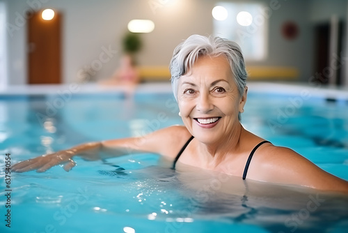 Elderly happy woman with gray hair and black swimsuit swims in the pool © ribalka yuli