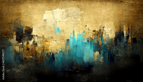 Generative AI, Blue, golden and black watercolor abstract painted background. Ink black street graffiti art on a textured paper vintage background, washes and brush strokes..