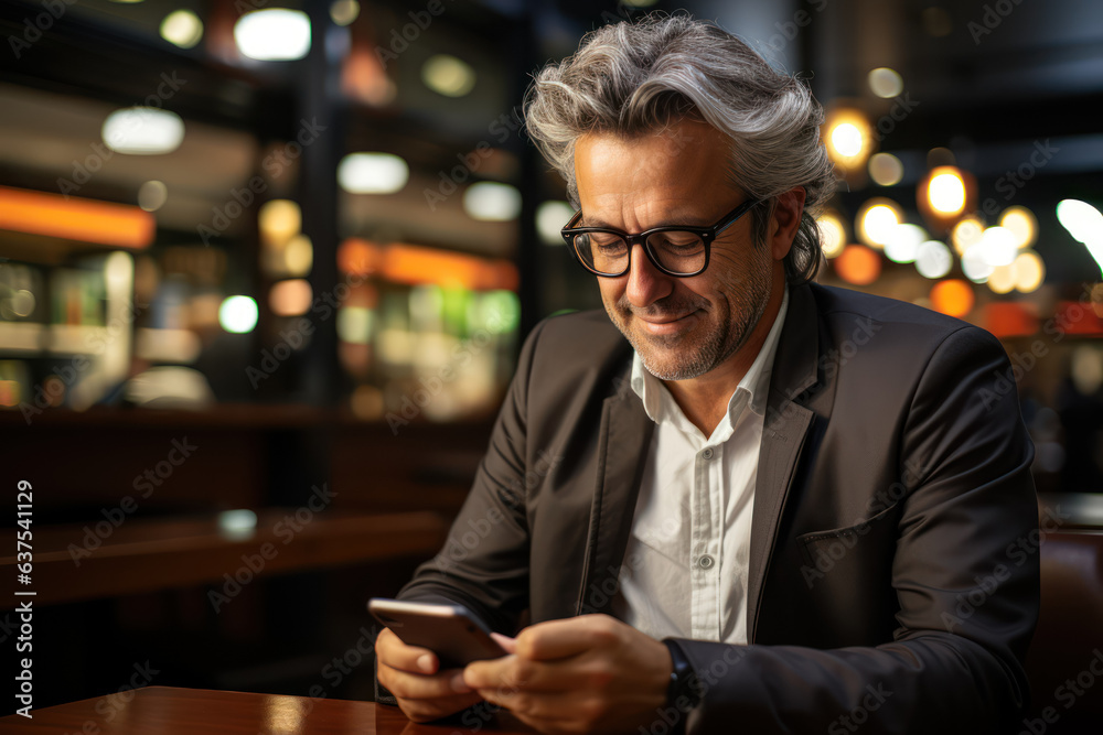 A smiling binesman dressed in a suit browses the phone with a smile. The concept of success in business, having the right relationship with people. Generative Ai. A smiling binesman dressed in a suit browses the phone with a smile. The concept of success in business, having the right relationship with people. Generative Ai.