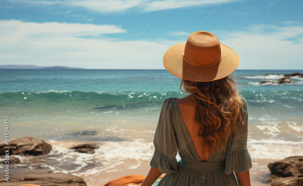 A woman in a hat sits on a beautiful beach looking at the beautiful sea, ocean. The concept of rest and admiring the landscape. Generative Ai.
