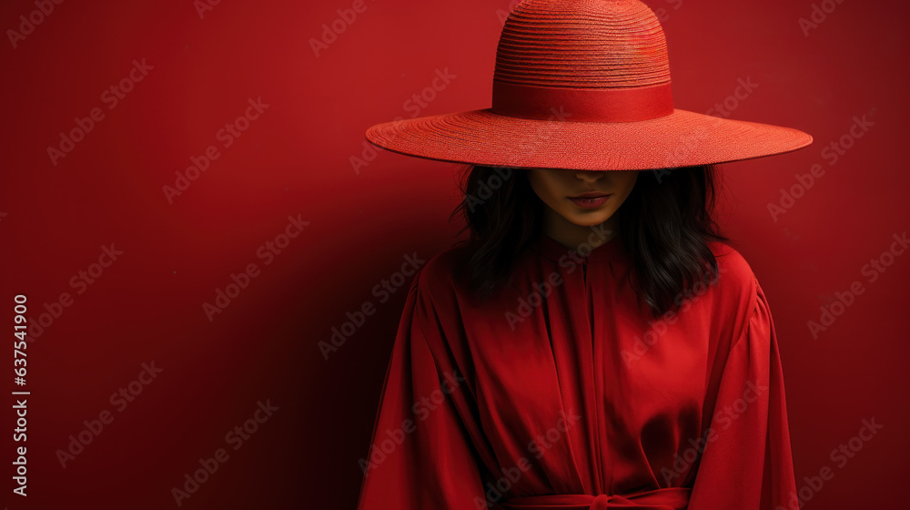 Elegant fashion woman dressed in red clothes and a trendy huge hat created with generative AI technology Elegant fashion woman dressed in red clothes and a trendy huge hat created with generative AI technology