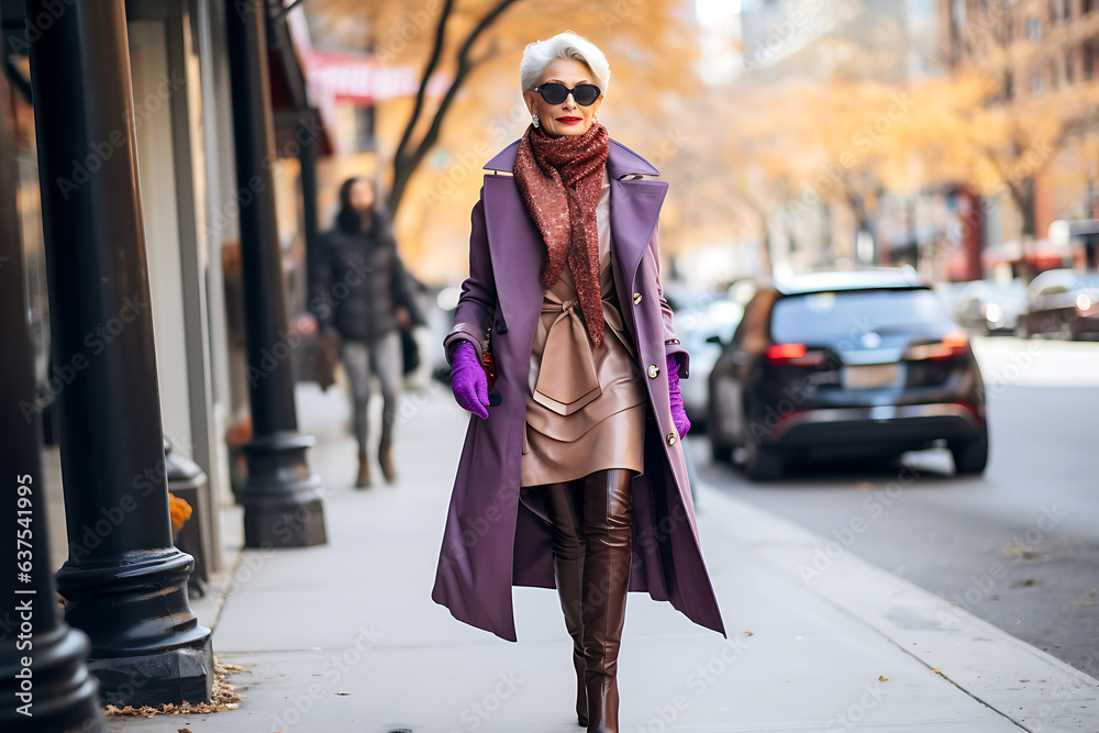 Fototapeta premium A beautiful elderly woman with gray hair and makeup walks along the city street in a purple raincoat and brown leather dress