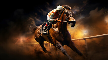 Horse racing at night. Digital illustration of thoroughbred and jockey.
