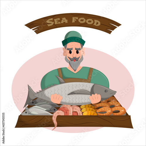 Fishmonger selling his catch at the local small market. Concept of street vending of natural products. Good nutrition. Flat vector illustration.