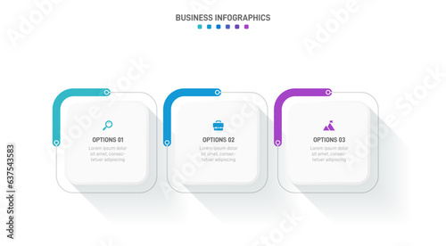 Timeline infographic with infochart. Modern presentation template with 3 spets for business process. Website template on white background for concept modern design. Horizontal layout.