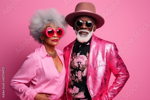 Beautiful trendy senior African American woman and man posing in trendy pink clothes on pink background