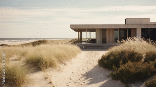 Generative AI, Beach aesthetic villa house and coast landscape, muted colors, minimalism
 photo