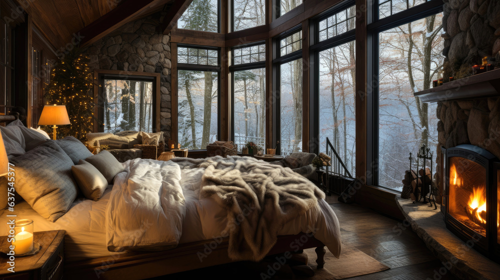 A cozy cabin bedroom with a fireplace and snow outside the windows, white bedding. Generative AI