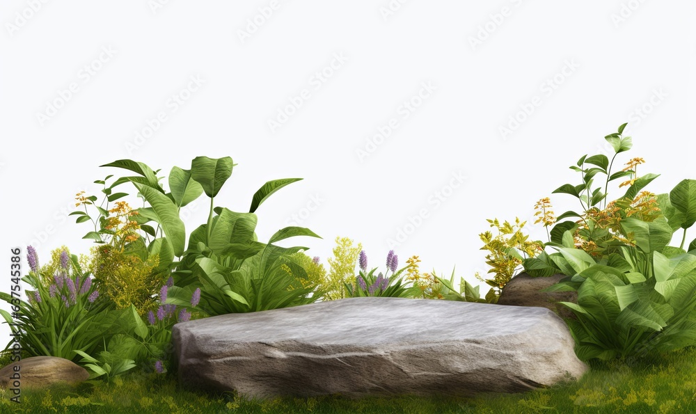 Stone platform in meadow for product presentation and on transparent background, Generative AI