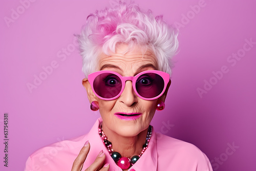 Beautiful elderly fashionable woman in stylish pink clothes and glasses posing on a pink background. Woman looking at the camera in surprise © ribalka yuli