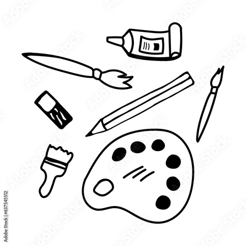 Sketch of a round palette with liquid acrylic paints, pencils, eraser and an artistic brush.
