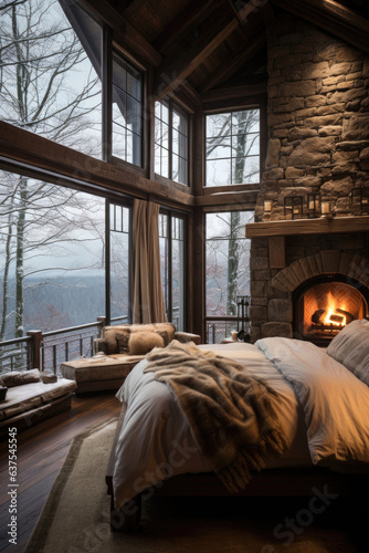 A cozy cabin bedroom with a fireplace and snow outside the windows, white bedding. Generative AI