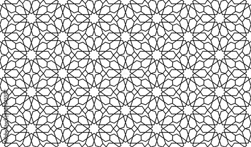 Morocco seamless pattern. Repeating black marocco grid isolated on white background. Repeated simple moroccan mosaic motive. Islamic textur for design prints. Abstract patern. Vector illustration