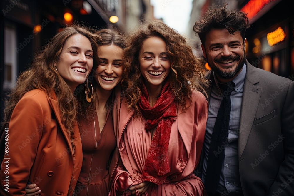 A lively outdoor gathering of stylish friends, radiating joy and confidence in their fashion choices A lively outdoor gathering of stylish friends, radiating joy and confidence in their fashion choices
