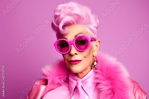 Beautiful elderly fashionable woman in stylish pink clothes, with pink hair and glasses posing on a pink background. woman looking at camera