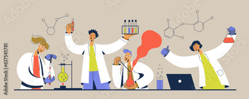 Scientists chemical researchers working with lab equipment. People in white coats in laboratory
