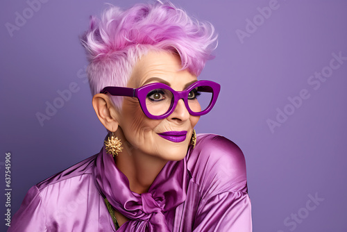 Beautiful elderly fashionable woman in stylish burgundy clothes with purple hair and glasses posing on a purple background.