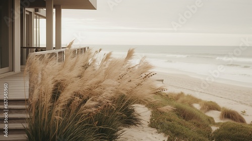 Generative AI, Beach aesthetic villa house and coast landscape, muted colors, minimalism photo