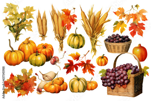 Watercolor autum harvest illustration on transparent background  fall design element - Thanksgiving theme