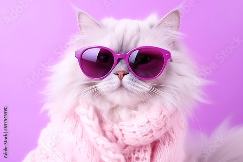 Beautiful white fluffy cat in purple glasses and with a pink scarf posing on a purple background