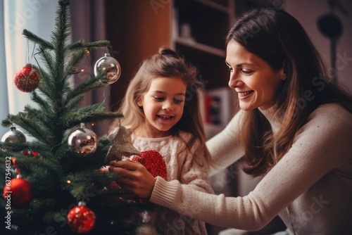 Woman and girl decorate christmas tree with toys