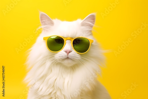 Fashionable white fluffy cat in green glasses posing on a yellow background