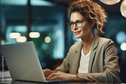 An attractive woman wearing glasses is looking at her laptop