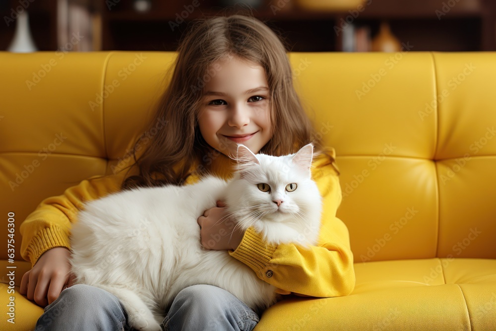 Girl sitting on a yellow sofa and stroking a white cat
