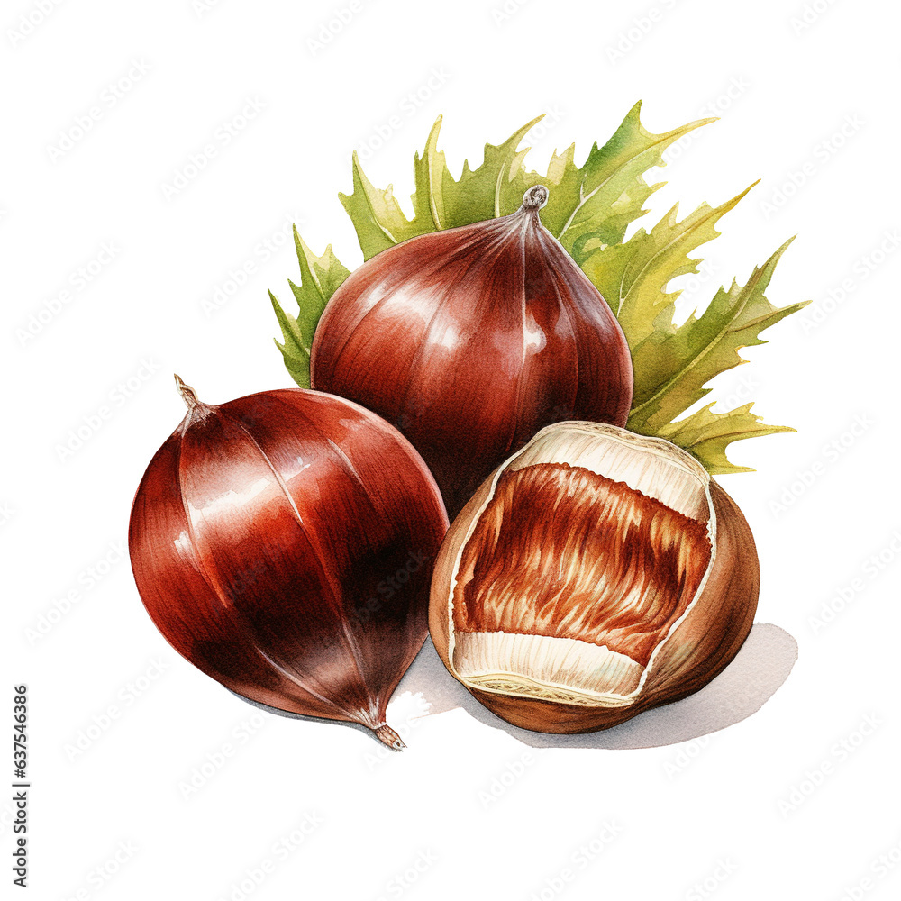 Watercolor chestnut on transparent background, fall design elements Watercolor chestnut on transparent background, fall design elements