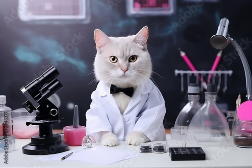 White fluffy cat professor posing in the laboratory near the microscope