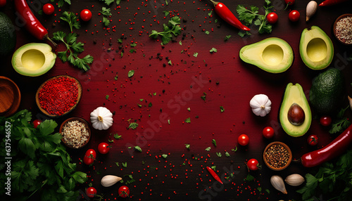 Mexican sauce ingredients and red background, red and green peppers, avocado, onion, garlic, tomato, coriander, created with ai generative technology photo