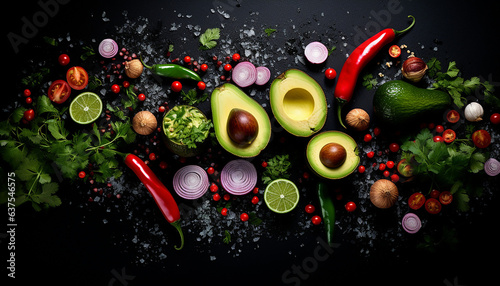 Mexican sauce ingredients, red and green peppers, avocado, onion, garlic, tomato, coriander, lime. Created with ai generative technology