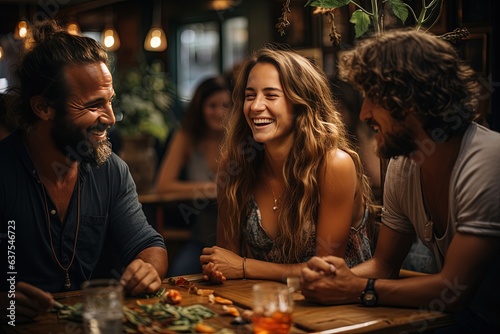 Friends gathered around a table at a vibrant cafe, sharing stories and hearty laughs, creating an atmosphere of joy and connection