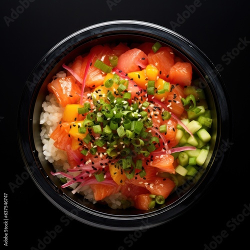 Hawaiian poke bowl on dark background