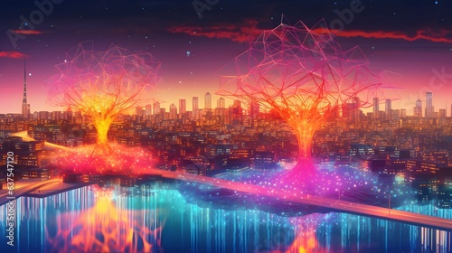 City civilization and neuro cell  urbann neural brain illustration  glow nerve  science ai  artificial intelligence