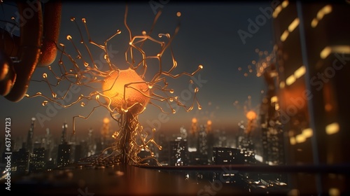 City civilization and neuro cell, urbann neural brain illustration, glow nerve, science ai, artificial intelligence photo