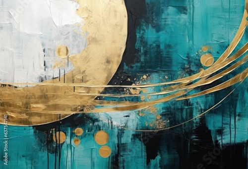 Abstract painting in black and turquoise with gold shapes, in the style of te...