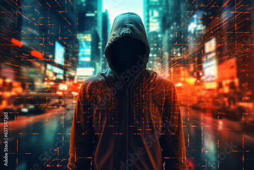 Double exposure image of an anonymous hacker in a hoodie in the night in the city of data. High quality photo
