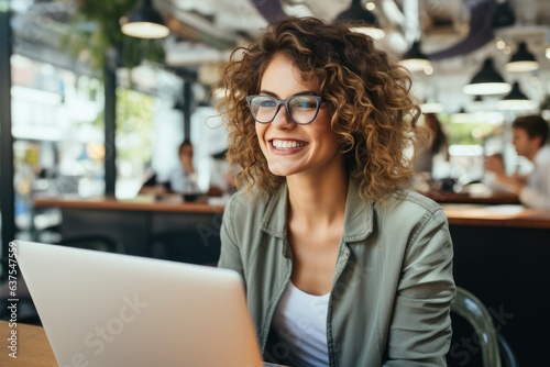 An attractive woman wearing glasses is looking at her laptop