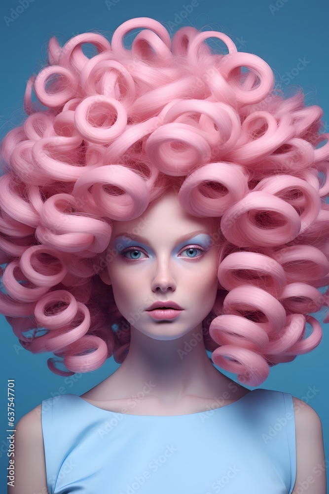 A woman with big pink curls on a blue background, photorealistic fantasies, eye-catching composition