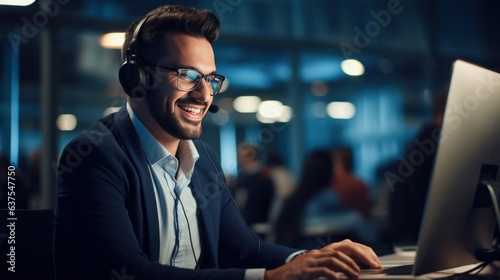 An office man smiling with a headset on her computer.