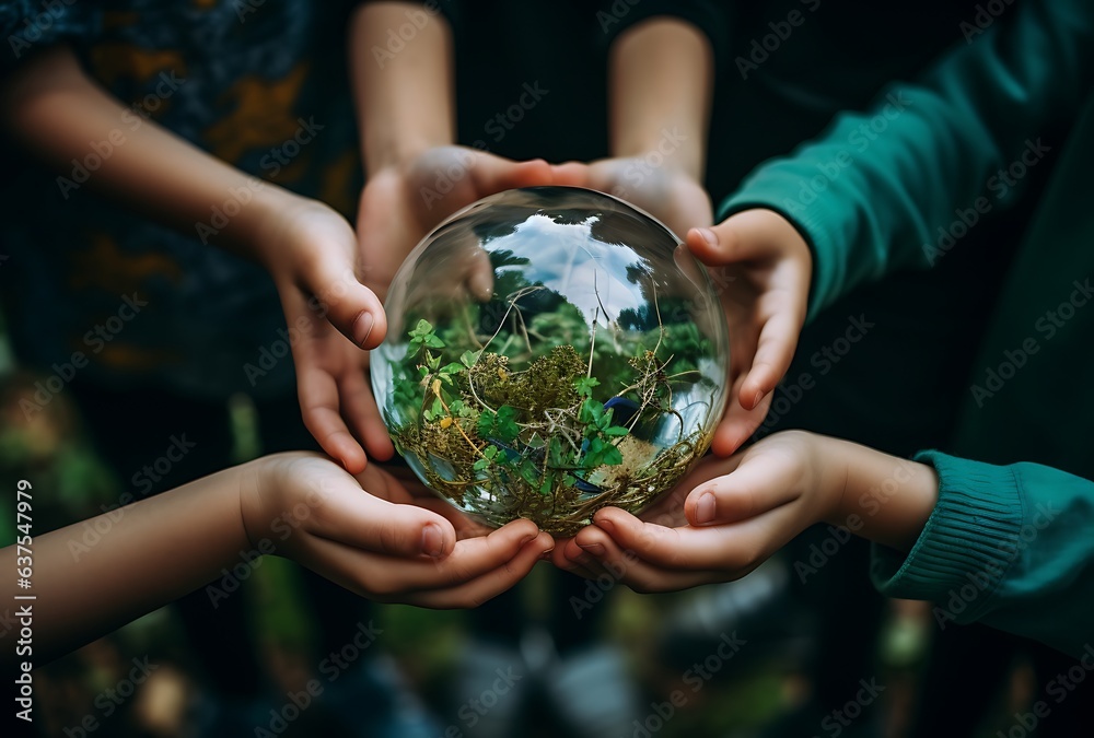 Children holding a glass globe in their hands. Save the planet concept.