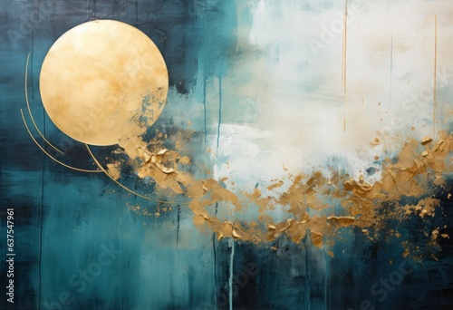 Abstract painting in black and turquoise with gold shapes, in the style of te...