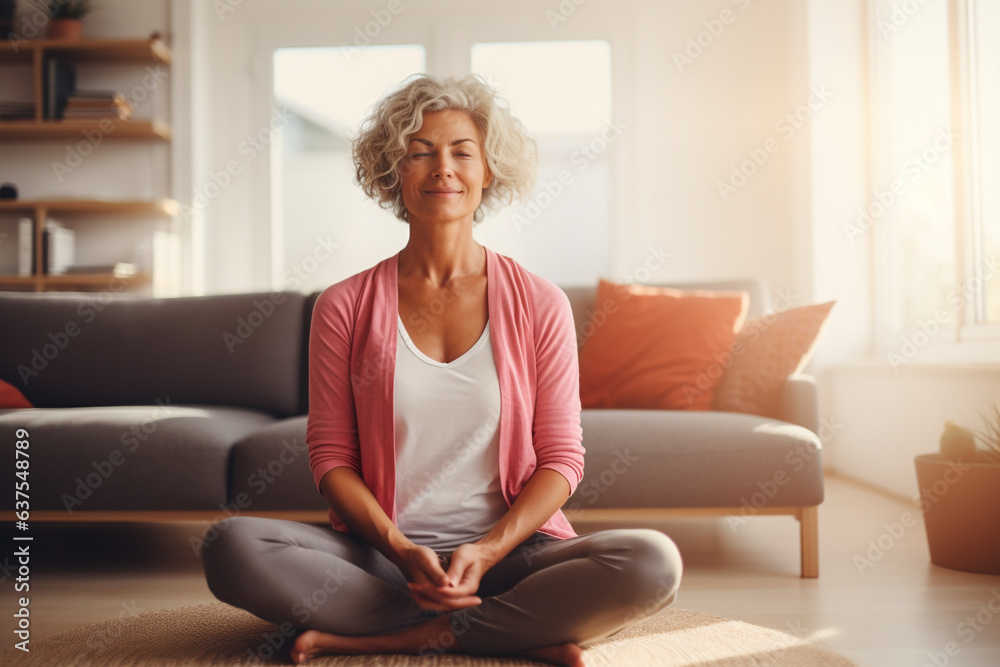 Middle aged woman meditating at home with eyes closed, relaxing body and mind in a living room. Mental health and meditation for no stress concept. Self care and wellbeing. High quality photo Middle aged woman meditating at home with eyes closed, relaxing body and mind in a living room. Mental health and meditation for no stress concept. Self care and wellbeing. High quality photo