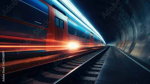 A train travels through a tunnel, highlight color contrast photography. Generative AI