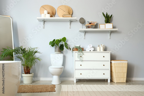 Interior of light restroom with ceramic toilet bowl, chest of drawers and houseplants © Pixel-Shot