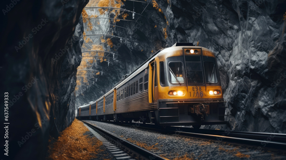 Naklejka premium A train travels through a tunnel, highlight color contrast photography. Generative AI