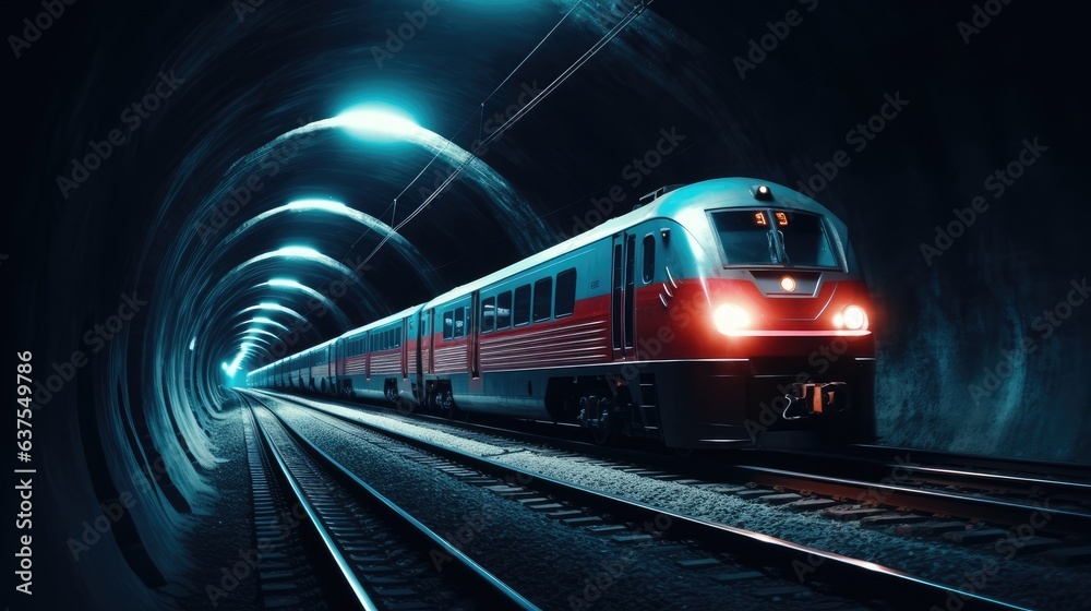 Naklejka premium A train travels through a tunnel, highlight color contrast photography. Generative AI